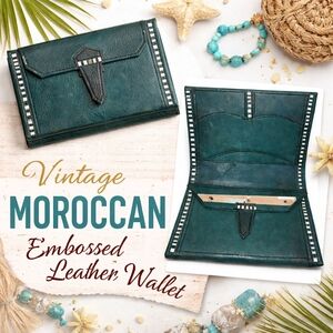 Vintage Moroccan Teal Embossed Leather Wallet Boho Artisan Tooled WalletP NWOT